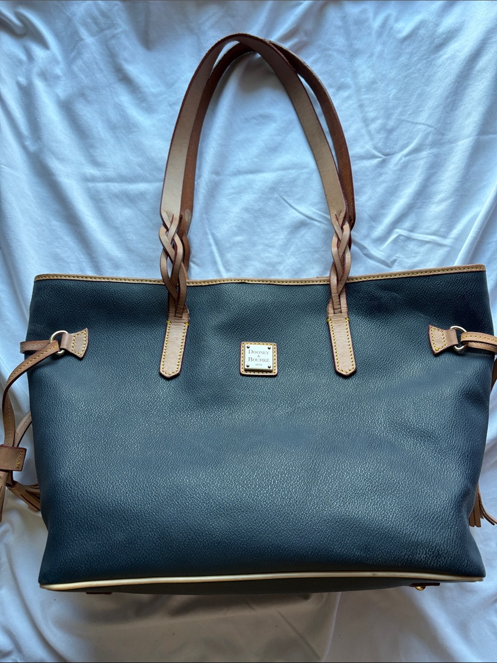 Dooney & Bourke Black Leather Tote with Tan Trim and Braided Straps